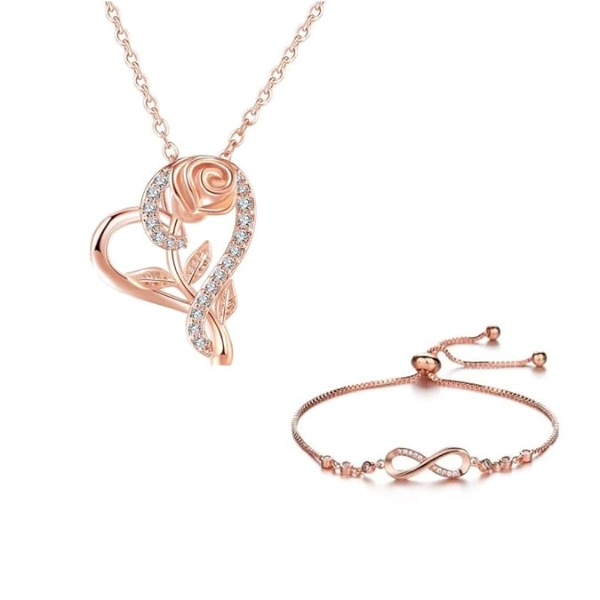 Stylish Rose Gold Plated CZ Chain Pendent with Infinity Bracelet for Girls and Women| Heart Shaped Pendant with Rose engraved| Gift