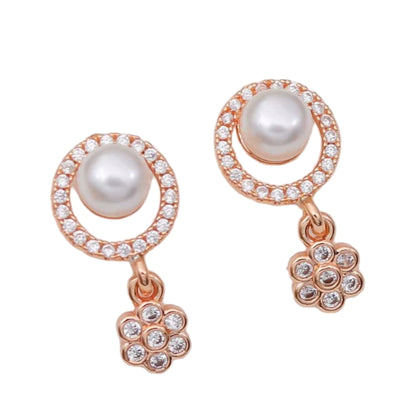 Simulated Pearl Drop Earrings for Women, Cubic Zirconia Pearl Beads Earring, Rose Gold