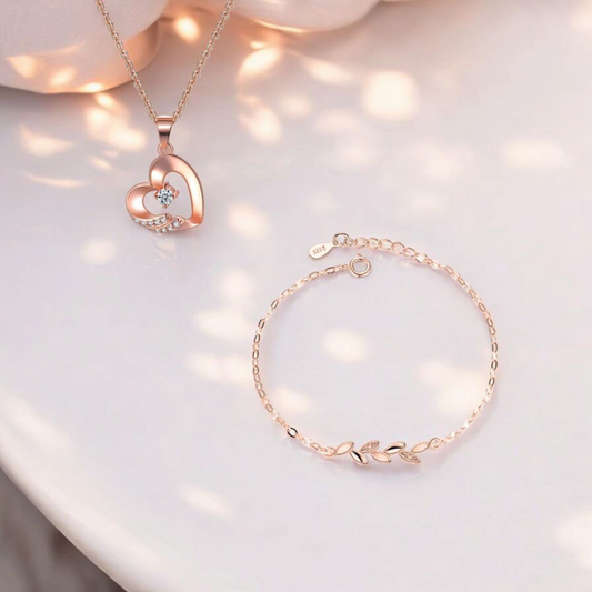Rose Gold Plated Leaf Bracelet with Heart Shape Pendant for Women & Girls| Gift, Ocassion