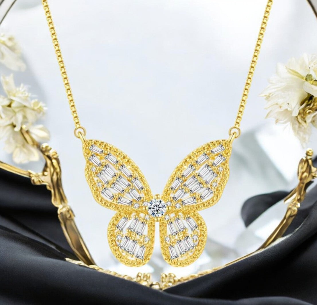 Gold Plated Zircon Studded Butterfly Pendant Necklace, Gift Necklace for Women and Girls
