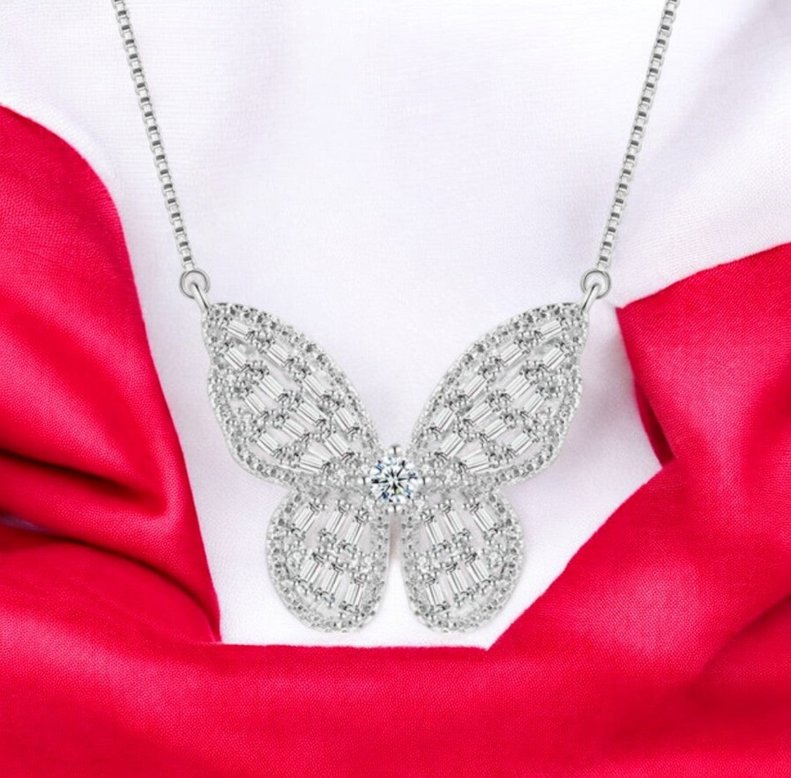 Silver Plated Zircon Butterfly Pendant with Chain for Women and Girls, Gift Jewelry for Her