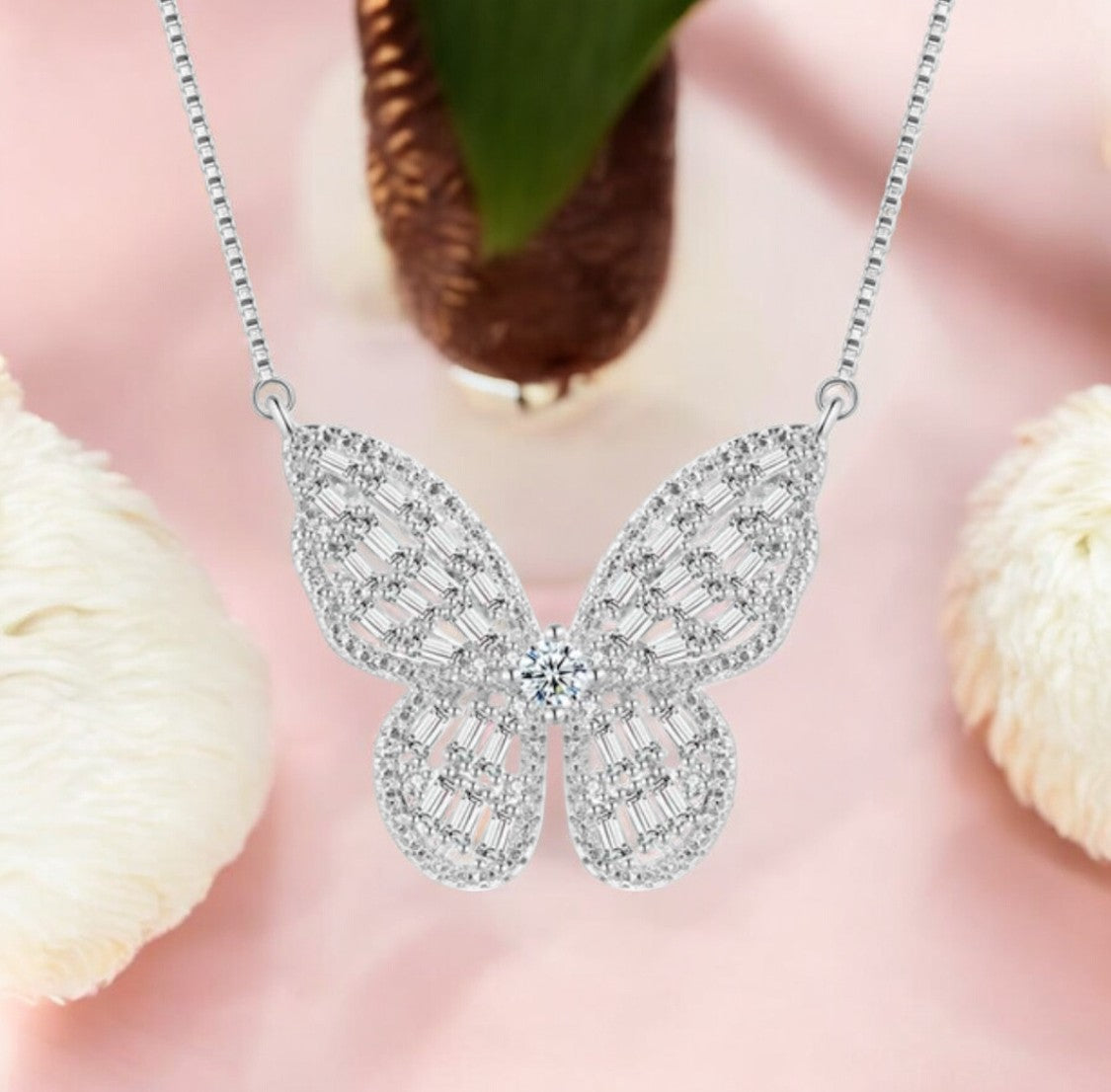 Silver Plated Zircon Butterfly Pendant with Chain for Women and Girls, Gift Jewelry for Her