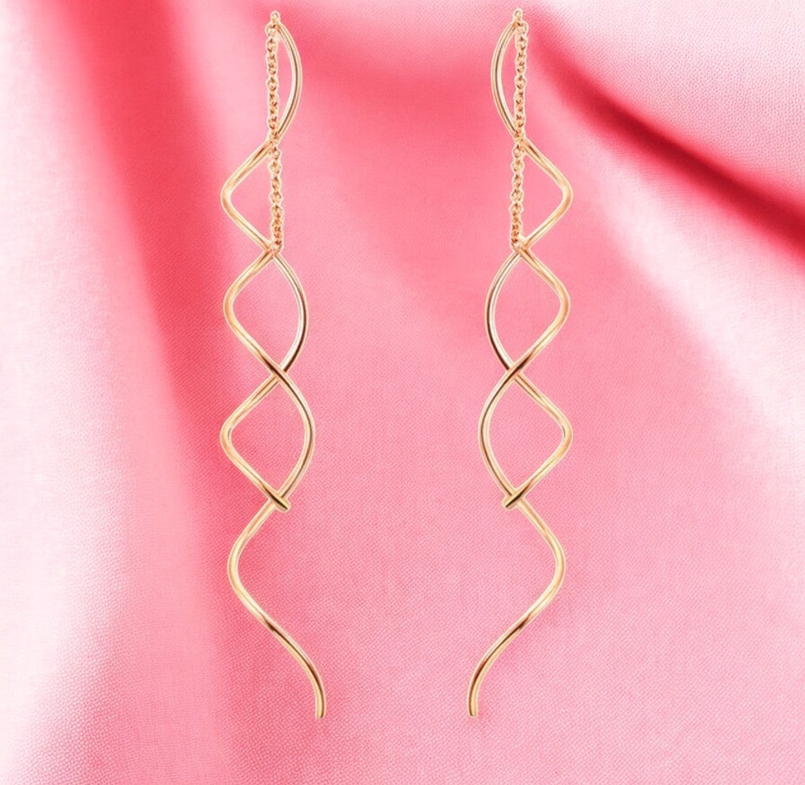 Spiral Threader Earrings for Women, Twisted Spiral Drop Dangle Earrings, Unique Minimal Everyday Earrings (Rose Gold)