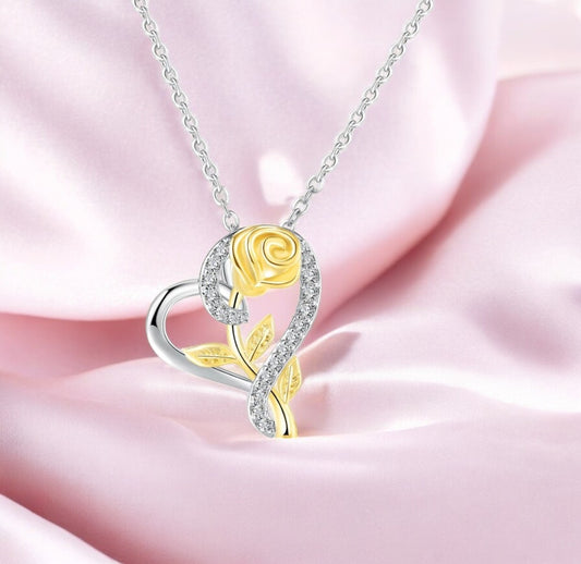 Stylish Silver Plated CZ Chain Pendent Set for Women, Heart Shaped Pendant with Rose Design (Silver & Gold)