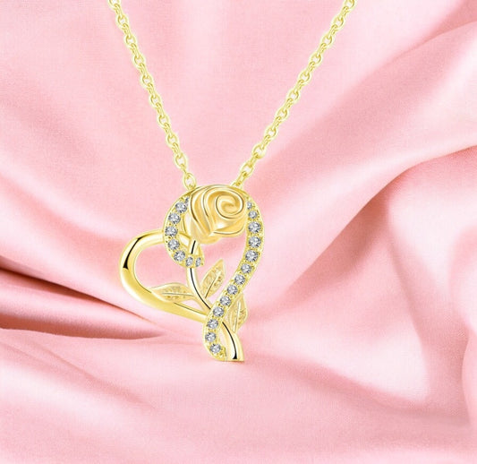 Stylish Gold Plated CZ Chain Pendent Set for Women, Heart Shaped Pendant with Rose Design (Gold)