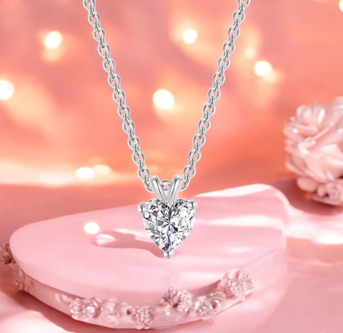 Silver Plated Love Shaped Solitaire Pendant with Link Chain for Women & Girls, Cubic Zircon Heart Pendant Locket (Silver)