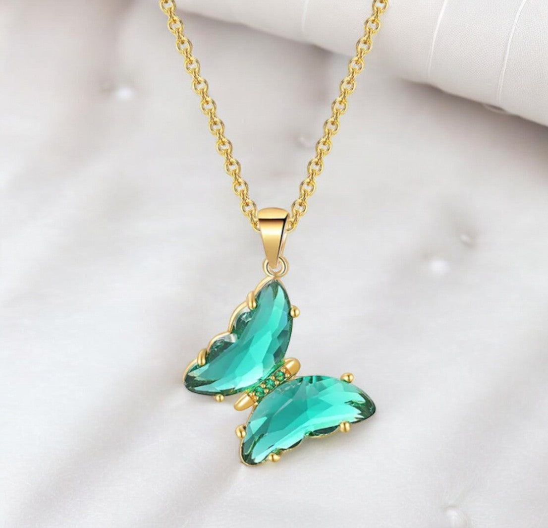 Elegant Gold Plated Butterfly Necklace for Women and Girls, Trendy Butterfly Jewelry (Green)