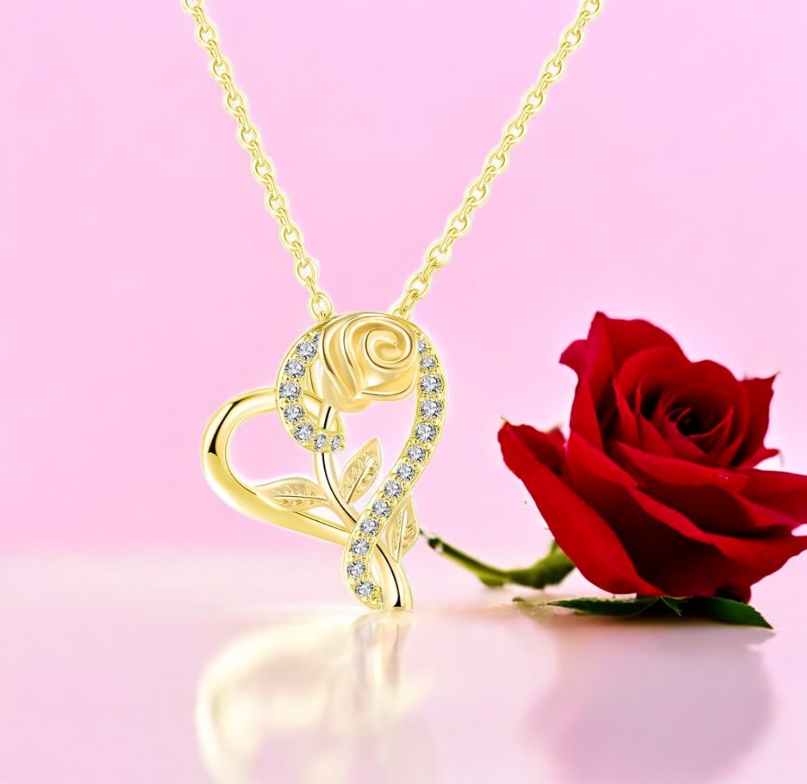 Stylish Gold Plated CZ Chain Pendent Set for Women, Heart Shaped Pendant with Rose Design (Gold)