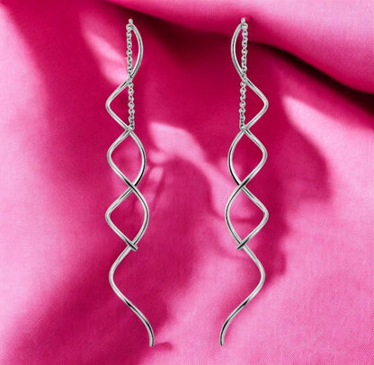 Spiral Threader Earrings for Women, Twisted Spiral Drop Dangle Earrings, Unique Minimal Everyday Earrings (Silver)