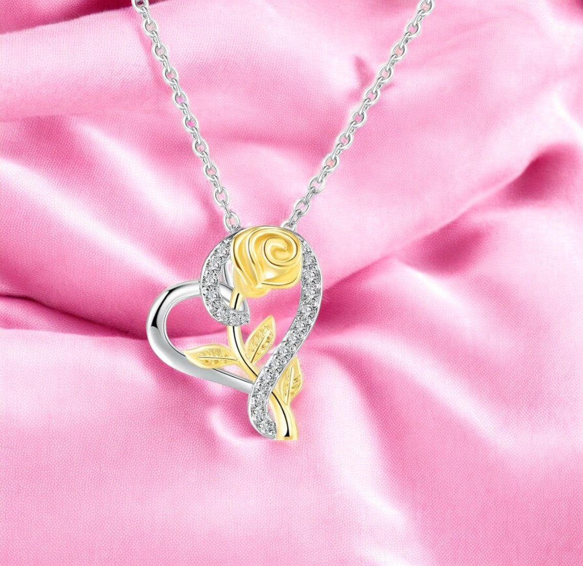 Stylish Silver Plated CZ Chain Pendent Set for Women, Heart Shaped Pendant with Rose Design (Silver & Gold)