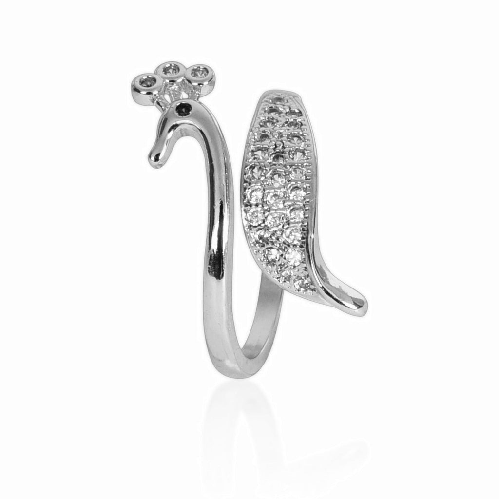 Silver Plated Elegant American Diamond Studded Sparkling Adjustable Finger Ring for Women and Girls