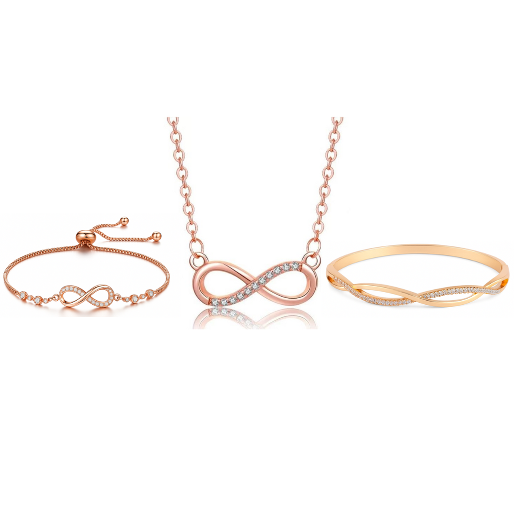 Nilu's Collection Rose Gold Plated Infinity Jewelry Set  Bracelet, Necklace & Kada with American Diamond  For Women And Girls