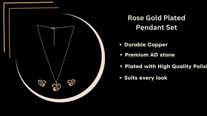 American Diamond Rose Gold Plated Love Shaped Pendant Necklace Set with Chain & Stud Earring for Girls and Women