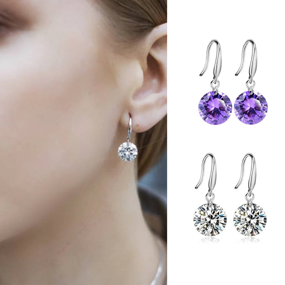 Combo of Silver Plated Purple and White Stone Drop Earrings for Women and Girl Crystal Copper Stud Earring