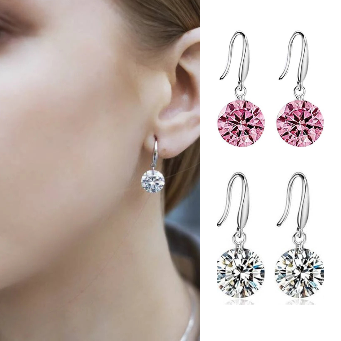 Combo of Silver Plated Pink and White Stone Drop Earrings for Women and Girl Crystal Copper Stud Earring