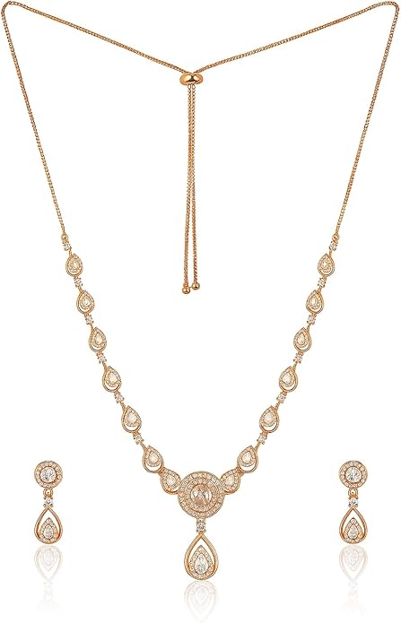 Stylish 18k Rose Gold Plated American Diamond Chain Pendent Necklace & Earrings Set for Women & Girls, Luxury AD Pendant Gift Set for Women, Girls & Her