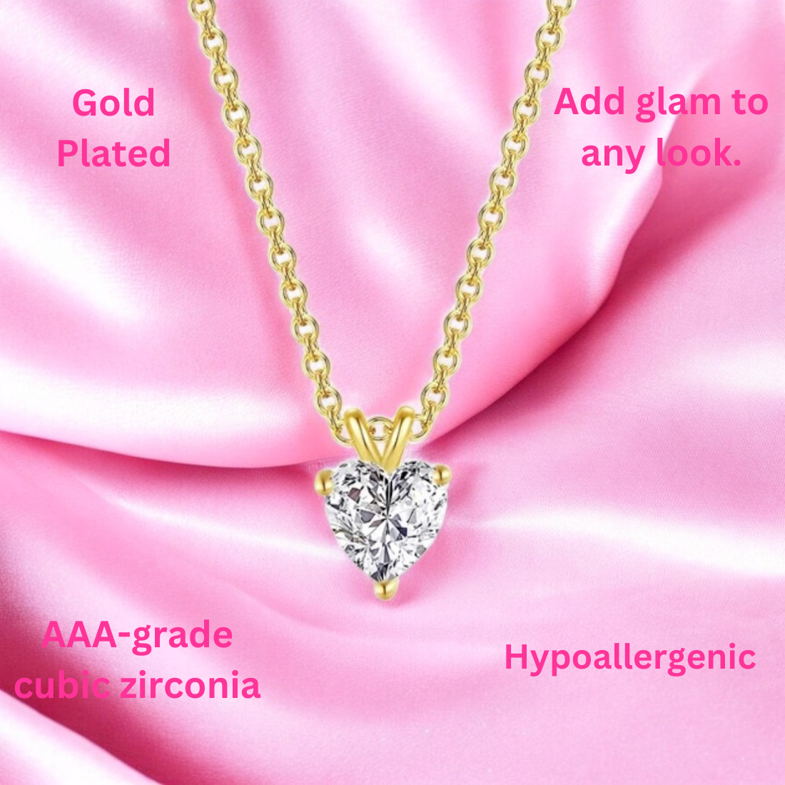 Gold Plated Love Shaped Solitaire Pendant with Link Chain for Women & Girls, Cubic Zircon Heart Pendant Locket (Gold)