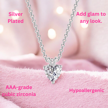 Silver Plated Love Shaped Solitaire Pendant with Link Chain for Women & Girls, Cubic Zircon Heart Pendant Locket (Silver)