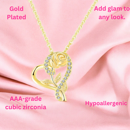 Stylish Gold Plated CZ Chain Pendent Set for Women, Heart Shaped Pendant with Rose Design (Gold)