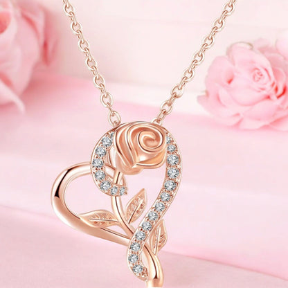 Stylish Rose gold plated CZ heart pendant with chain, Love Shaped necklace with Rose Design, Gift for her (Rose Gold)