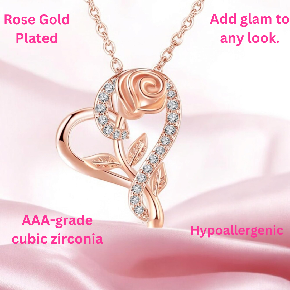 Stylish Rose gold plated CZ heart pendant with chain, Love Shaped necklace with Rose Design, Gift for her (Rose Gold)