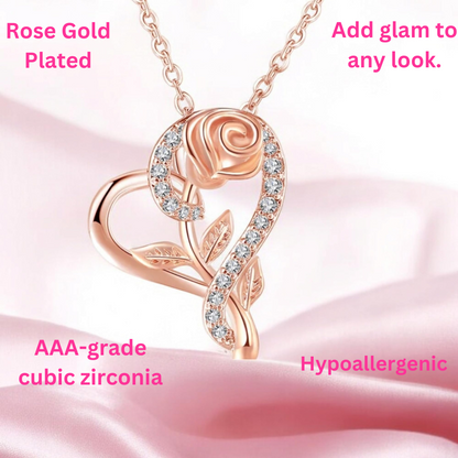 Stylish Rose gold plated CZ heart pendant with chain, Love Shaped necklace with Rose Design, Gift for her (Rose Gold)