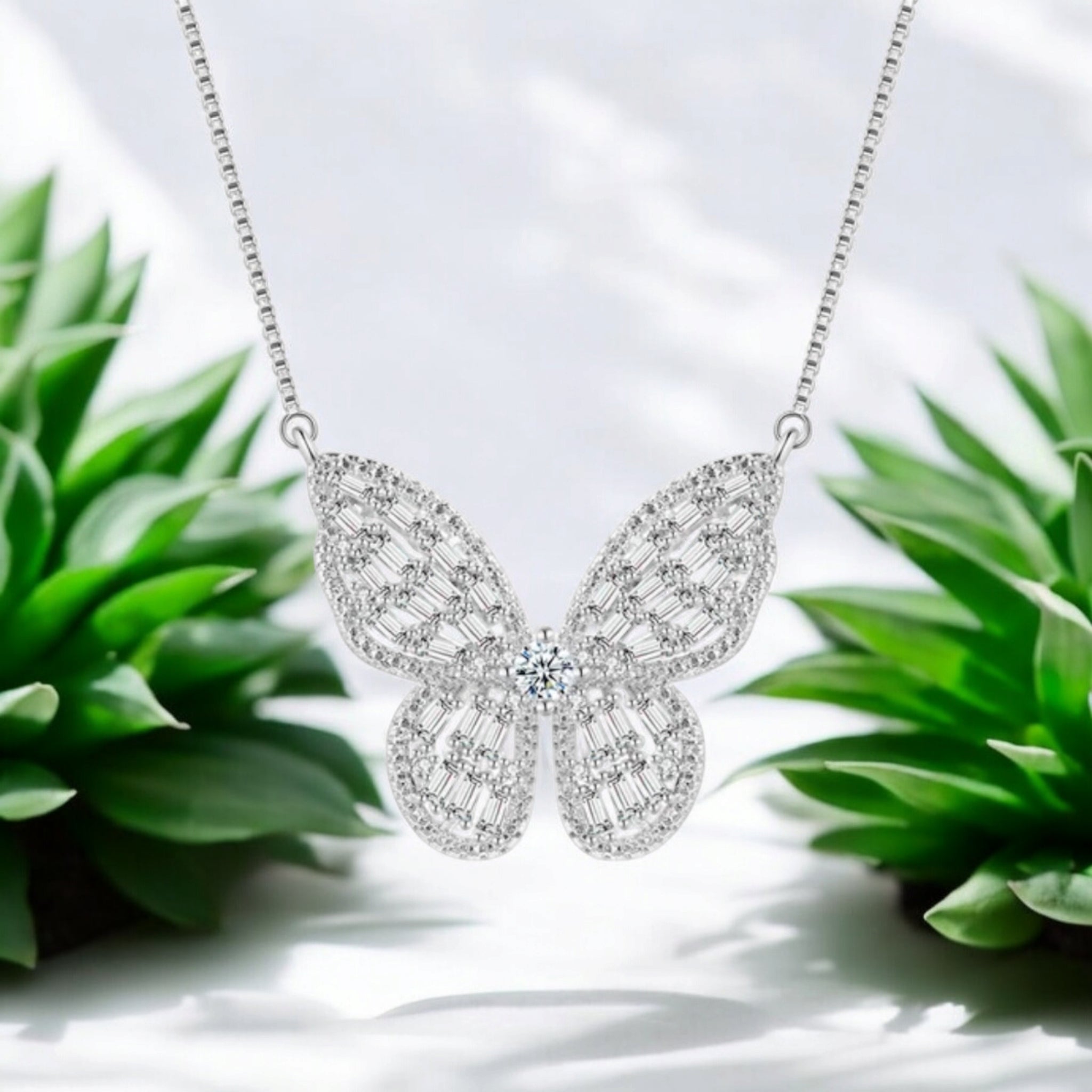 Silver Plated Zircon Butterfly Pendant with Chain for Women and Girls, Gift Jewelry for Her