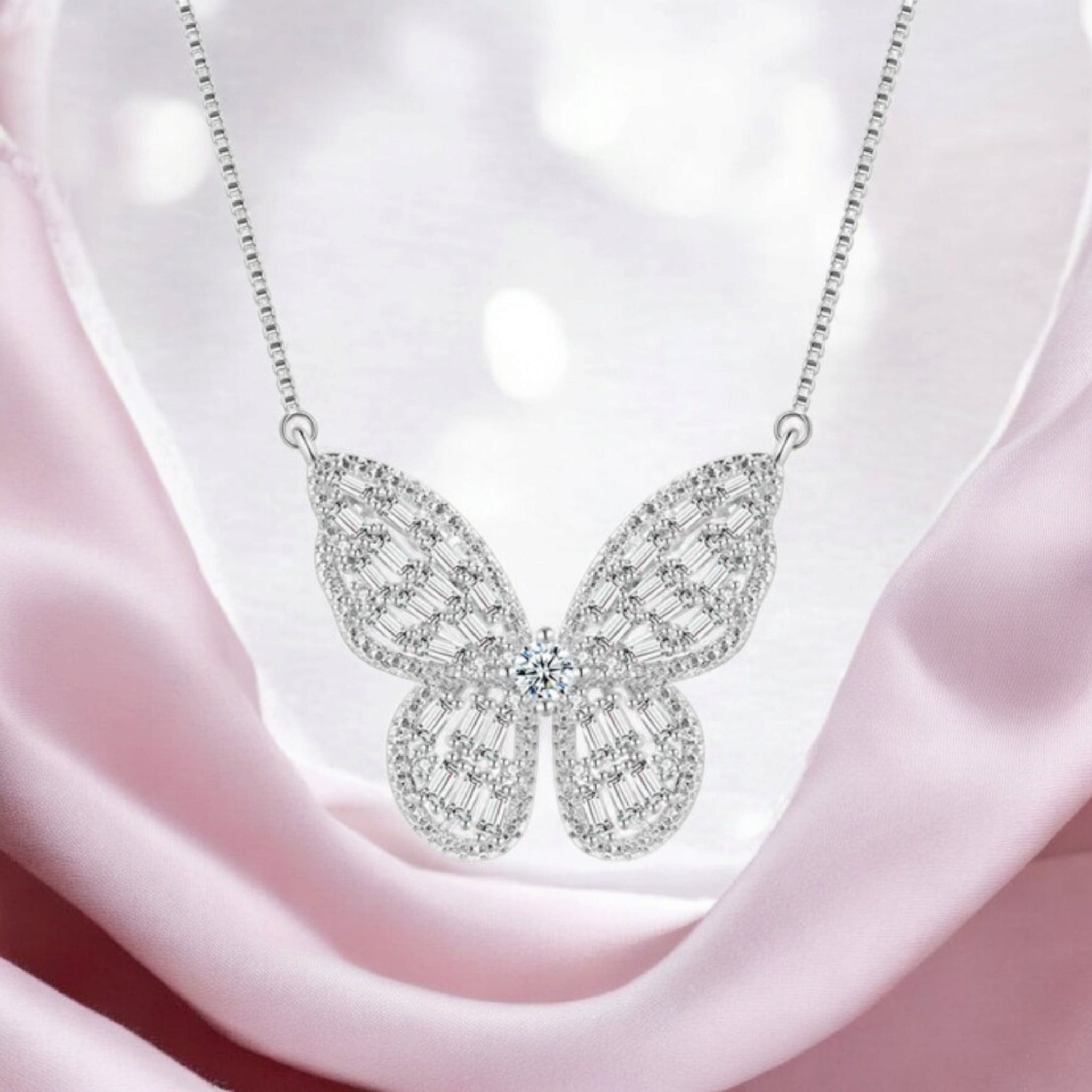 Silver Plated Zircon Butterfly Pendant with Chain for Women and Girls, Gift Jewelry for Her