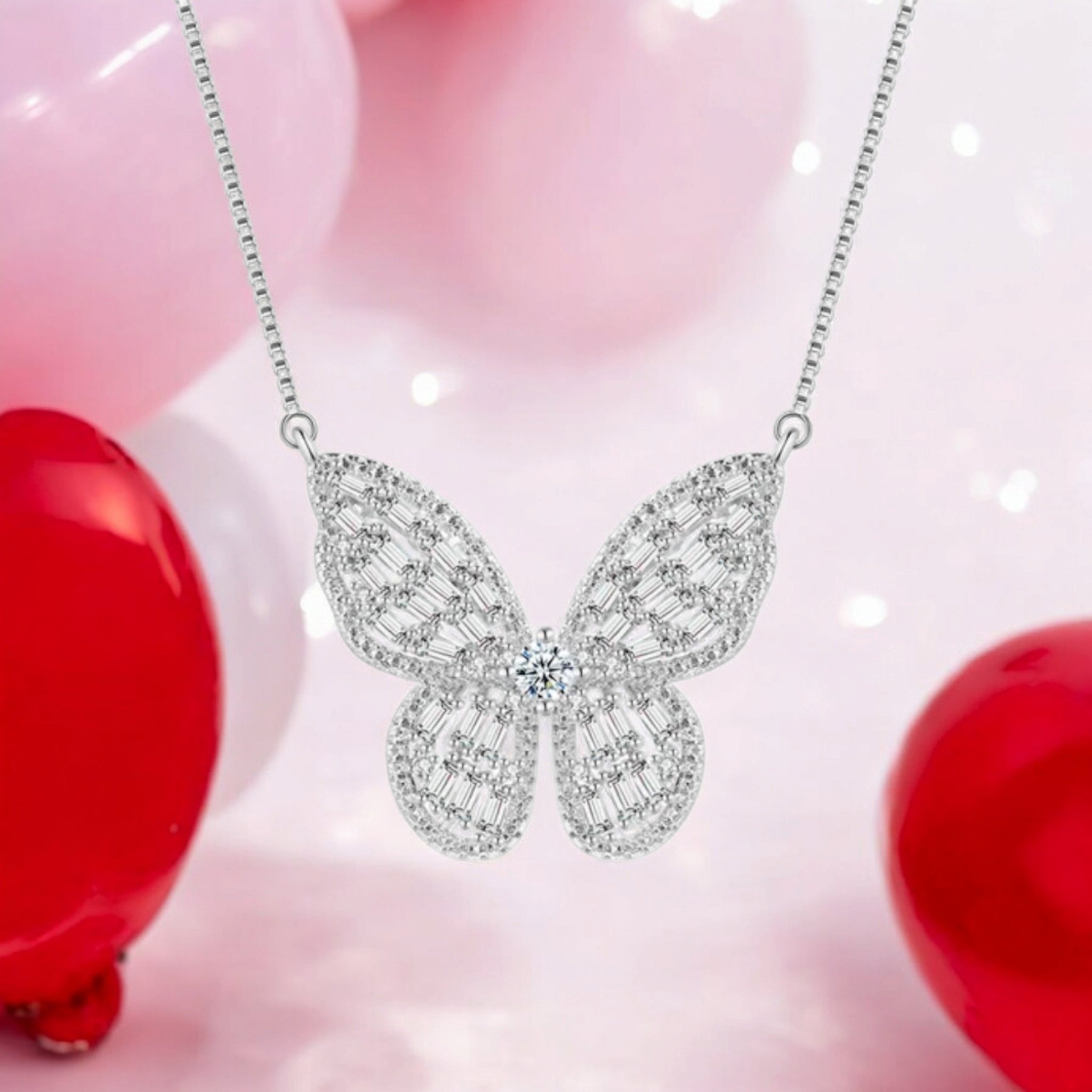Silver Plated Zircon Butterfly Pendant with Chain for Women and Girls, Gift Jewelry for Her