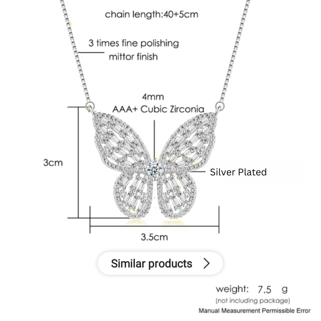 Silver Plated Zircon Butterfly Pendant with Chain for Women and Girls, Gift Jewelry for Her