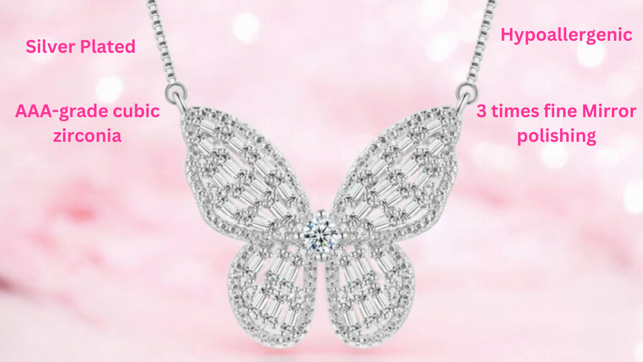 Silver Plated Zircon Butterfly Pendant with Chain for Women and Girls, Gift Jewelry for Her