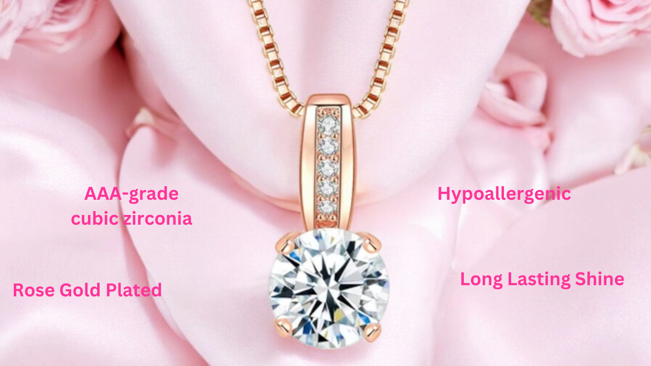 Cubic Zirconia Rose Gold Plated Pendant Necklace with Chain for Women & Girls, Gift Jewelry for Her