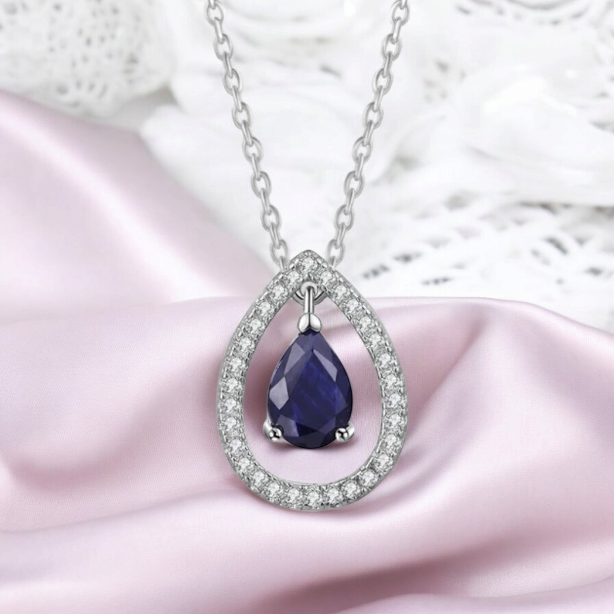 Silver Plated White Cubic Zirconia Studded Pendant for Women with Link Chain, Jewellery Gifts for Women & Girls (Silver with Blue Stone)