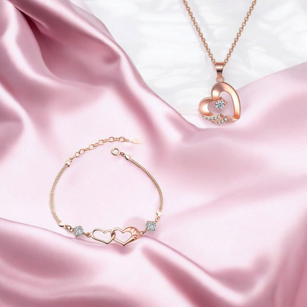 Combo of Double Heart Shape Cubic Zirconia Charm Bracelet with Pendant |Love Bracelet for Women and Girls| Heart Shape Pendant