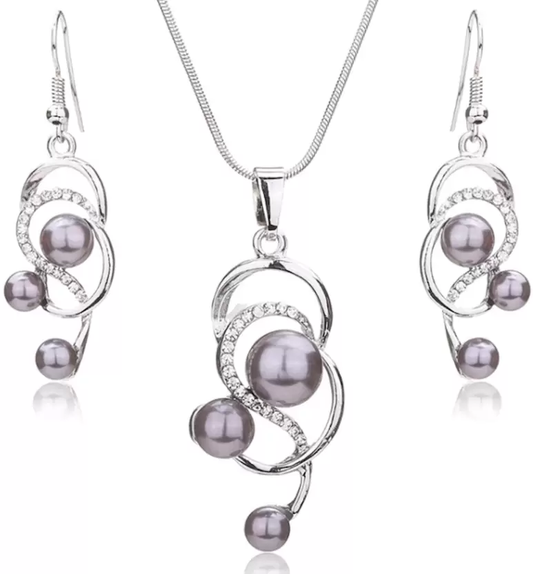 Platinum Plated Grey Simulated Pearl Fine African Beads Jewelry Set for Women Partywear Crystal Necklace EarringsJewel Set  (Pack of 1)