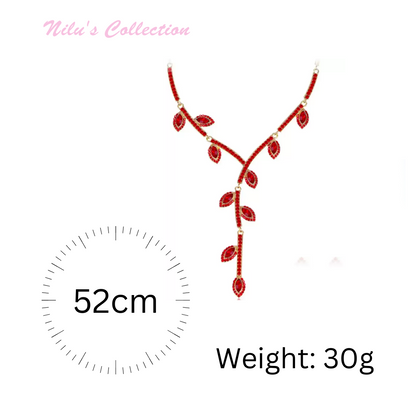 Designer Leaf Setting Red Stone Studded Necklace with earrings| Festive/ Function Jewellery Set for Women & Girls