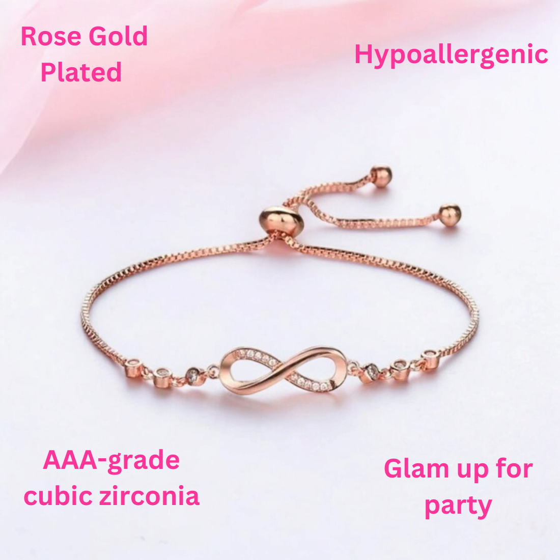 Rose Gold Plated Adjustable Charm Bracelet for Women and Girls