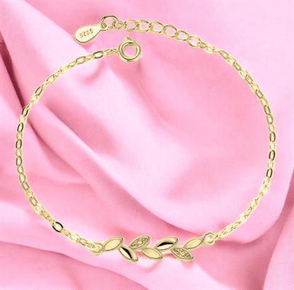 Gold Plated Adjustable Leaf Charm Crystal Bracelet for Women & Girls