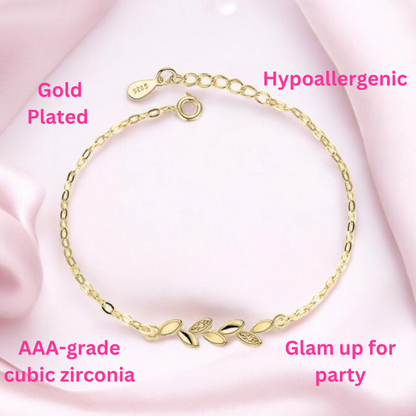 Gold Plated Adjustable Leaf Charm Crystal Bracelet for Women & Girls