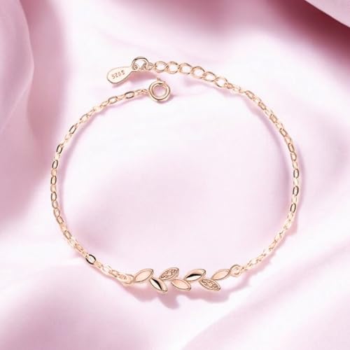 Rose Gold Plated Adjustable Leaf Charm Crystal Bracelet for Women & Girls