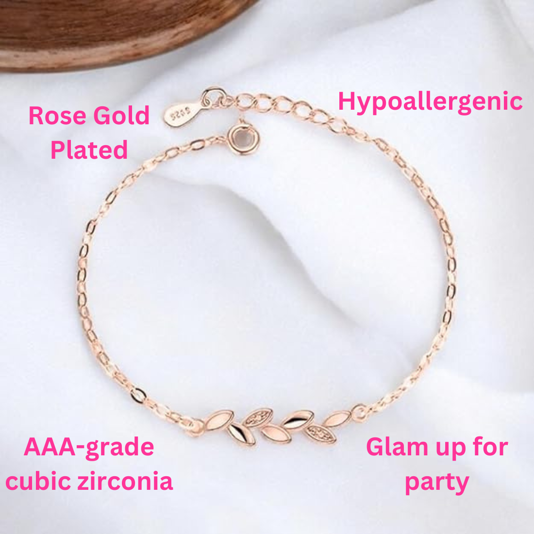 Rose Gold Plated Adjustable Leaf Charm Crystal Bracelet for Women & Girls