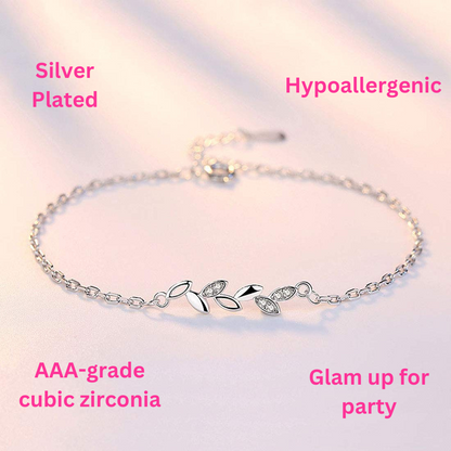 925 Sterling Silver Plated Adjustable Leaf Charm Crystal Bracelet for Women & Girls