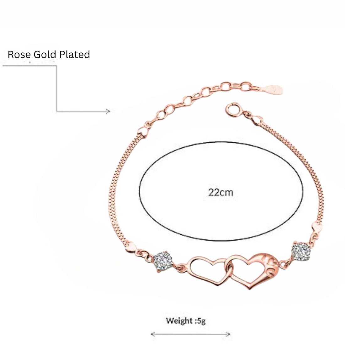 Double Heart Shape Cubic Zirconia Charm Bracelet, Love Bracelet for Women and Girls (Rose Gold)