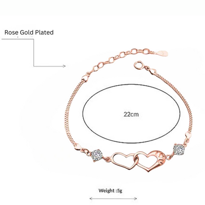 Double Heart Shape Cubic Zirconia Charm Bracelet, Love Bracelet for Women and Girls (Rose Gold)