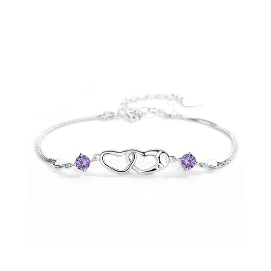 Nilu's Collection Sterling Silver Double Heart Shape Cubic Zirconia Charm Bracelet, Love Bracelet for Women and Girls