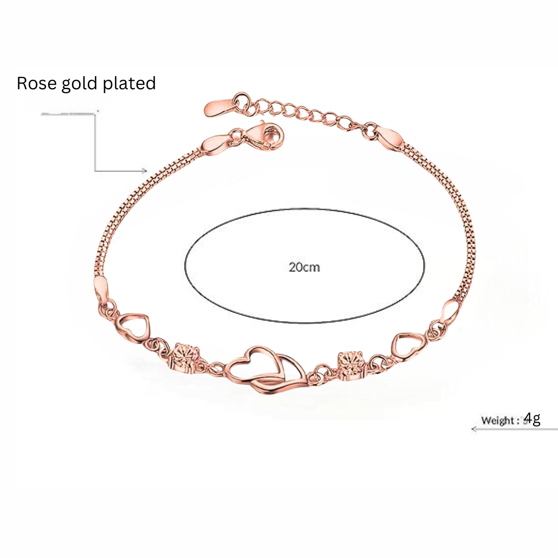 Double Heart Shape Rose Gold Plated CZ Crystal Bracelet, Gift for Loved One, Valentine's Day Gift