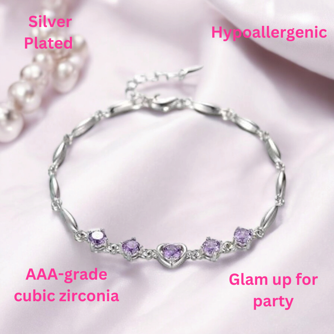 Fashion lovely Heart Silver Plated Valentine Gift Crystal Bracelet (Purple)