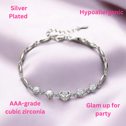 Fashion lovely Heart Silver Plated Valentine Gift Crystal Bracelet (White)