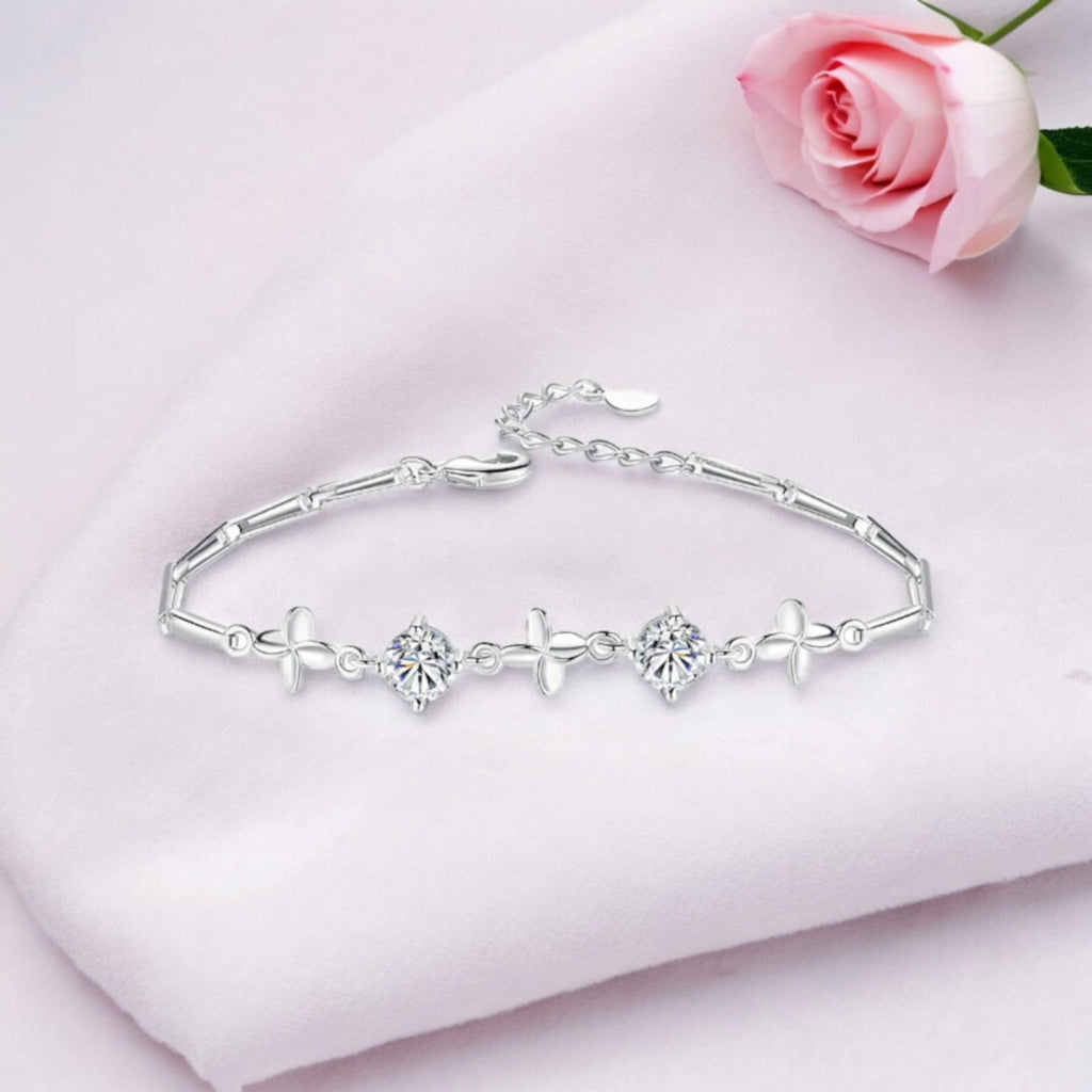 Latest Stylish Silver Plated Cubic Zirconia Clover Shaper Charm Bracelet for Women, Gifts for Girlfriend, Women & Girls (White)