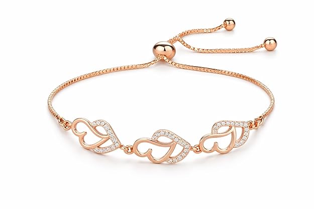 AD Studded Heart Shape Bracelet for Women, Stylish Rose Gold Plated Adjustable Bracelet, Valentine Gift for Girls
